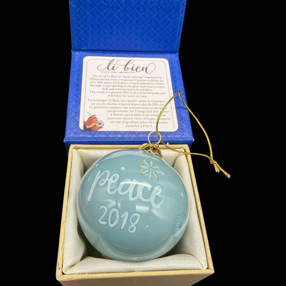 Pier 1 Li Bien 2018 Peace Dove Christmas Ornament Hand Painted Glass Blue Boxed